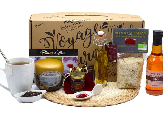 Coffret Saveurs Safran : safran, thé aux épices, sirop, risotto, vinaigre