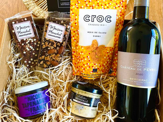 Coffret apéritif Gormand : vin blanc, 3 mets salés et 2 mets sucrés