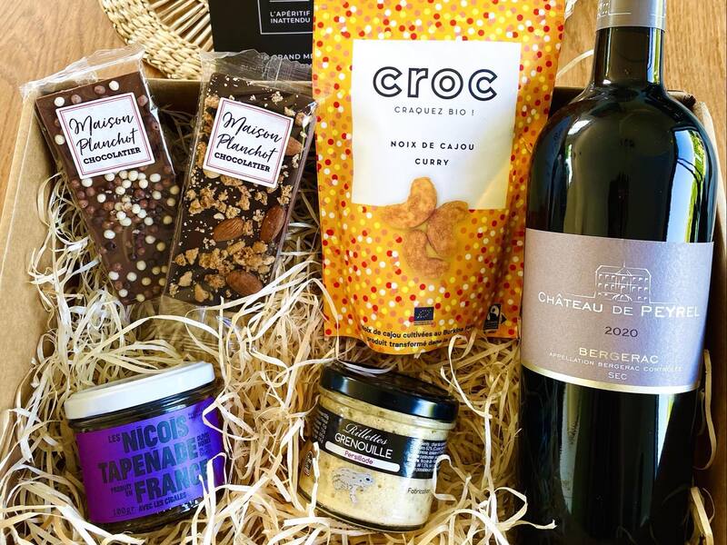 Coffret apéritif Gormand : vin blanc, 3 mets salés et 2 mets sucrés