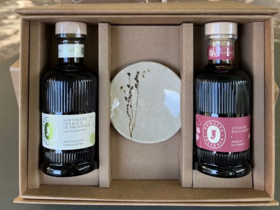 Coffret Huile d'olive et vinaigre balsamique + coupelle