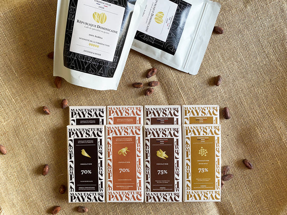 Coffret de 8 tablettes de chocolat fin et 2 sachets de café